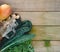 Kale with mango and ginger on wooden background