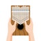 Kalimba a 17 key thumb Piano. Hands holding and play African musical instrument. Finger pocket portable piano. Vector cartoon flat