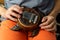 Kalimba turtle. Traditional Kalimba made from wooden board with metal, play on hands. Selective focus