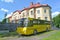 KALININGRAD REGION, RUSSIA. A school bus stands in front of a secondary school building formerly Lauken Castle