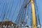 KALININGRAD, RUSSIA - JUNE 19, 2016: Steel masts of the famous barque Kruzenshtern prior Padua in the Kaliningrad Sea Port.