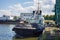 KALININGRAD, RUSSIA - JUNE 19, 2016: View of the tugboat `Vasily Albanov` moored at the Kaliningrad Sea port.