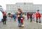 KALININGRAD, RUSSIA. A mascot of the FIFA World Cup of FIFA 2018 Zabivaka wolf embraces the girl