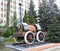 KALININGRAD, RUSSIA. Model of the first Russian locomotive Cherepanov 1833. Russian text - steam locomotive E.A. and M.E. Cherep