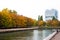 Kaliningrad, Russia - October 2020: View of the House of Soviets from the Pregolya river embankment in an autumn day