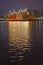 KALININGRAD, RUSSIA. Reflection on water of decorative illumination of the building of Mercure hotel