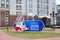 KALININGRAD, RUSSIA. The stand with the image of a mascot of the FIFA World Cup FIFA 2018 of a wolf cub of Zabivaki