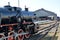 KALININGRAD, RUSSIA. Steam locomotive amid South Station debarkader. Museum of History of Kaliningrad Railway