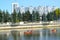 KALININGRAD, RUSSIA. A view of Admiral Tributs Embankment with the kayaks floating down the river