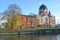 KALININGRAD, RUSSIA. A view of the New Liberal Synagogue and a former orphanage by the Pregoli River
