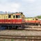 Kalka, Haryana, India May 14 2022 - Indian toy train diesel locomotive engine at Kalka railway station during the day time, Kalka