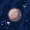 Kallisto vector cartoon illustration. Brown Jupiter moon Callisto of Solar system in dark deep blue space, isolated on