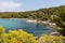 Kalogria Beach in Sithonia, Halkidiki with turquoise shining sea during summer time in Greece