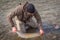 Kalum River, British Columbia, Canada - April 11th, 2017: An angler unhooking a fly from a steelhead in the morning spring sun