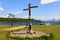 Kamchatka Peninsula, Russia - July 7, 2018: Direction sign post near Kurile Lake against the background of the volcano Ilyinsky