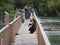 KAMCHATKA, RUSSIA - AUGUST 8 - a young bear climbed onto a wooden bridge. In the background are the people. August 8, 2017 in