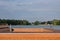 Kamencove jezero alum lake in czech city of Chomutov with new wooden molo specific for beginning swimmers and sandy beach on backg