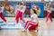 Kamenskoye, Ukraine - March 9, 2017: Championship of the city of Kamenskoye in cheerleading among solos, duets and teams, young ch