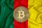 Kamerun flag, bitcoin gold coin on flag background. The concept of blockchain, bitcoin, currency decentralization in the country.