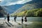Kamikochi, Nagano, Japan - October 2022 : Unidentified tourists enjoy with a beautiful background of Azusa river at the center of