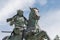 Kanamori Nagachika Statue at Ruins of Tkayama castle in Shiroyama Park. a famous historic site in Takayama, Gifu, Japan