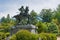 Kanamori Nagachika Statue at Ruins of Tkayama castle in Shiroyama Park. a famous historic site in Takayama, Gifu, Japan