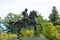 Kanamori Nagachika Statue at Ruins of Tkayama castle in Shiroyama Park. a famous historic site in Takayama, Gifu, Japan