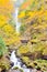 Kanba waterfall and wooden bridge during autumn in Okayama