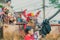 KANCHANABURI THAILAND - APRIL 13 : The villagers celebrate Songkran Festival on the road on April 13,2018 at Ban Nong