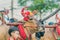 KANCHANABURI THAILAND - APRIL 13 : The villagers celebrate Songkran Festival on the road on April 13,2018 at Ban Nong