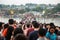 Kanchanaburi, Thailand - December 30, 2018: Tourists crowded on Saphan Mon Wooden Bridge Mon Bridge, longest wooden bridge of