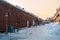 Kanemori Red Brick Warehouse with Snow in winter. landmark and popular for attractions in Hokkaido, Japan.Hakodate, Hokkaido,