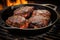 kangaroo burgers cooking on a cast iron grill pan