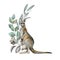 Kangaroo with eucalyptus leaves watercolor image. Australia animal with floral decoration. Beautiful wildlife decor