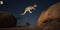 A kangaroo hopping across a stark, moon-like surface, illustrating its powerful jumping abilities against an