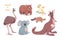 Kangaroo, koala, wombat, emu, cockatoo, platypus, isolated on transparent background. Australian animals vector set