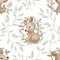 Kangaroo mom and baby on a eucalyptus tree branches with leaves. Seamless Patterns. Cute Cartoon Character. Hand drawn illustrati