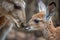 kangaroo mother tenderly licking her youngster's fur