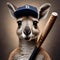 A kangaroo wearing a baseball cap, holding a bat and ball1