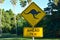 Kangaroo yellow sign on green forest and palm trees background at Tampa Bay area.