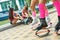 Kangoo jumping fitness women team in boots. close up shot with blurred background