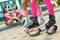 Kangoo jumping fitness women team in boots. close up shot with blurred background