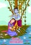 Kanha playing bansuri flute with Radha on Krishna Janmashtami background