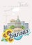 Kansas is a US state. Midway. Tourist poster and souvenir. Beautiful places of the United States of America on postcard