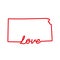 Kansas US state red outline map with the handwritten LOVE word. Vector illustration