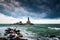 Kanyakumari beach Tamilnadu, South India, is a scenic destination that offers a stunning view of the monsoon clouds over the ocean