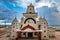 Kanyakumari, India - May 24 2021 Entrance to white Mahathma Gandhi Memorial Mandapam at Kanyakumari in Monsoon climate