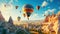 Kapadokya with flying air balloons, Illustration AI Generative