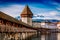 Kapellbrucke historic Chapel Bridge and Water Tower landmarks in Lucern, Switzerland