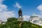 Karadjordje statue against blue sky  and church of Saint Sava, a Serbian Orthodox church located in Belgrade, Serbia